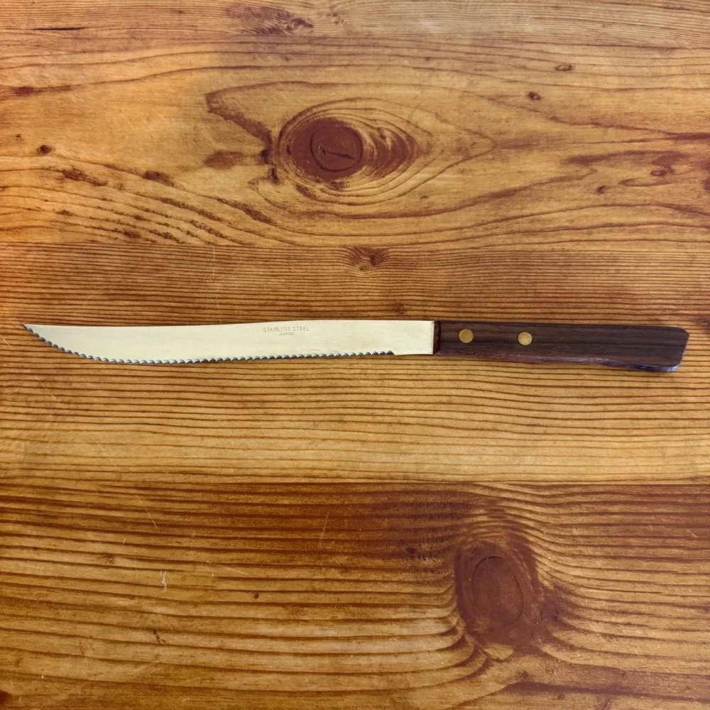 Vintage Stainless Steel Serrated Steak Knife Dark Wood Handle Japan Tableware
